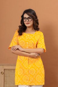 Ausuda Women Pure Cotton Yellow Bandhani Printed Short Kurti | Casual Daily Wear Ethnic Cotton Top