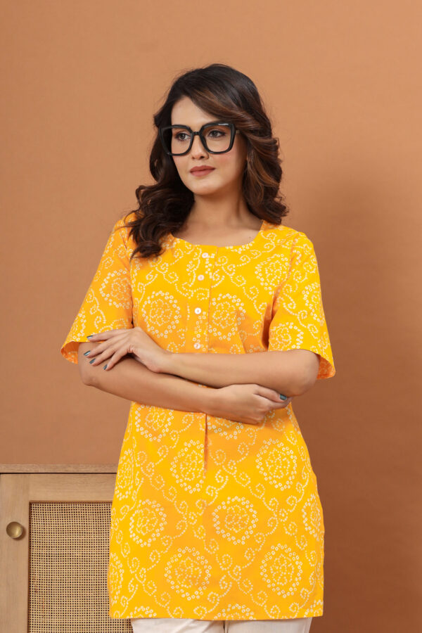ASD_ShortKurti-2038-F Ausuda Women Pure Cotton Yellow Bandhani Printed Short Kurti | Casual Daily Wear Ethnic Cotton Top