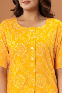 Ausuda Women Pure Cotton Yellow Bandhani Printed Short Kurti | Casual Daily Wear Ethnic Cotton Top