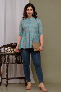 Ausuda Women Pure Cotton Floral Printed Peplum Top | Casual Ethnic Cotton Tunic for Women