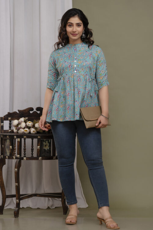 ASD_Top-2002-B Ausuda Women Pure Cotton Floral Printed Peplum Top | Casual Ethnic Cotton Tunic for Women