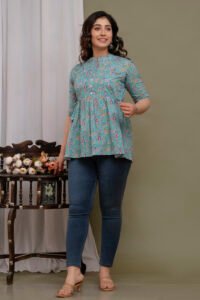 Ausuda Women Pure Cotton Floral Printed Peplum Top | Casual Ethnic Cotton Tunic for Women