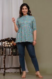 Ausuda Women Pure Cotton Floral Printed Peplum Top | Casual Ethnic Cotton Tunic for Women