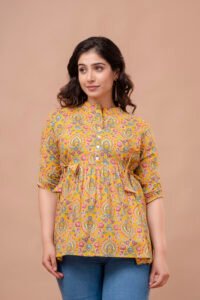 Ausuda Women Pure Cotton Mustard Yellow Floral Printed Peplum Top | Casual Ethnic Cotton Top for Women