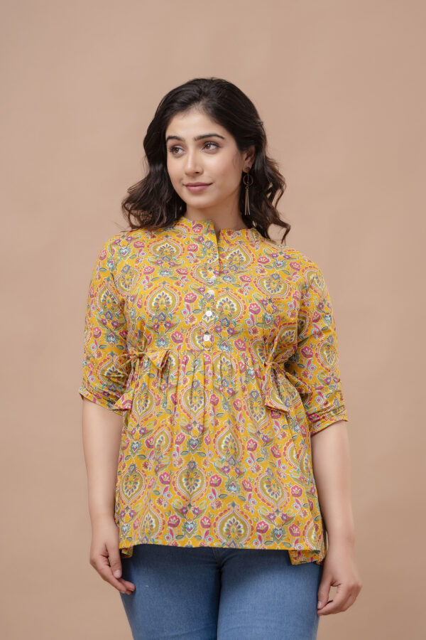 Ausuda Women Pure Cotton Mustard Yellow Floral Printed Peplum Top | Casual Ethnic Cotton Top for Women