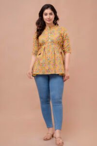 Ausuda Women Pure Cotton Mustard Yellow Floral Printed Peplum Top | Casual Ethnic Cotton Top for Women