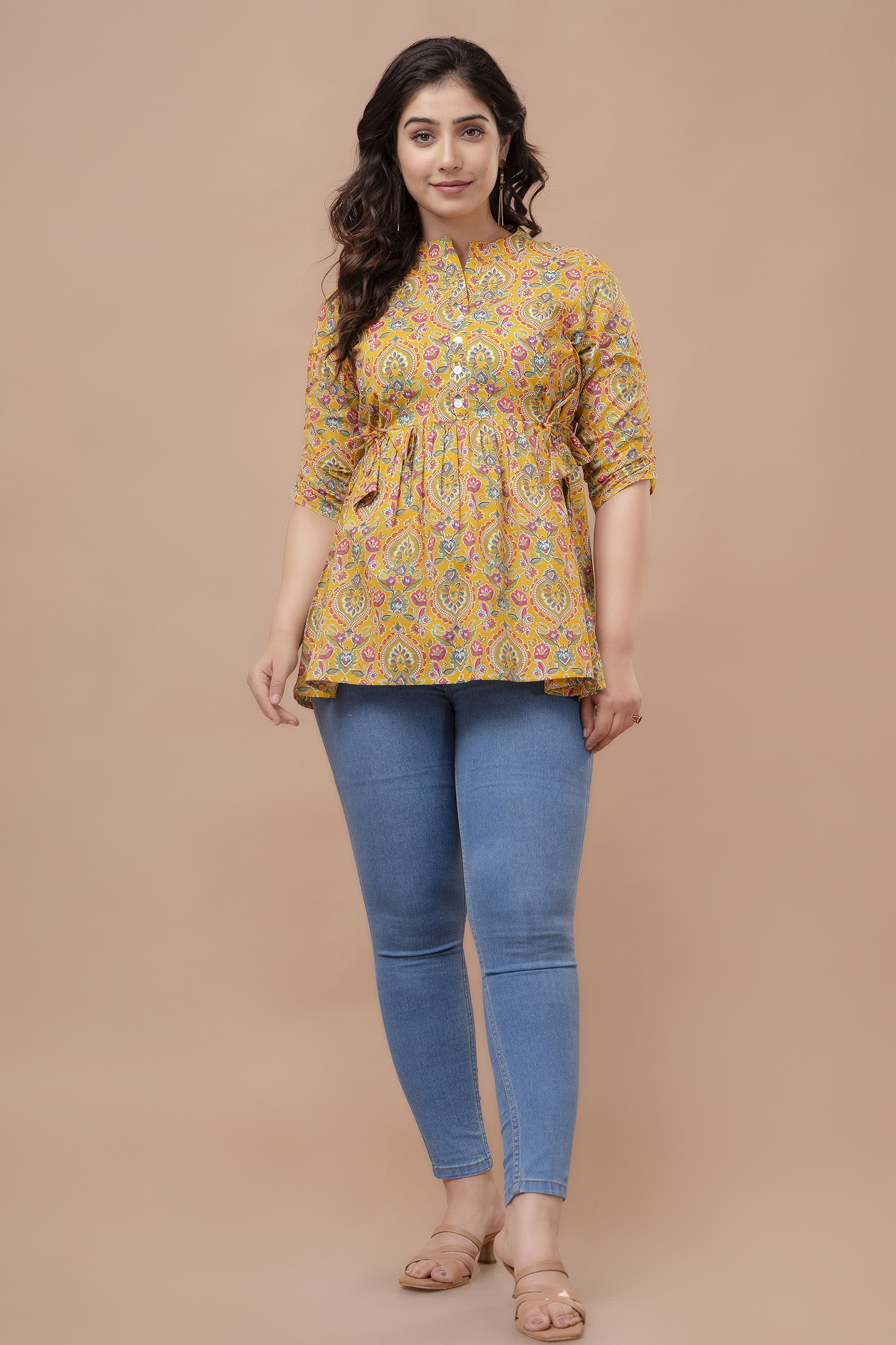 Ausuda Women Pure Cotton Mustard Yellow Floral Printed Peplum Top | Casual Ethnic Cotton Top for Women