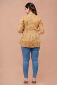 Ausuda Women Pure Cotton Mustard Yellow Floral Printed Peplum Top | Casual Ethnic Cotton Top for Women