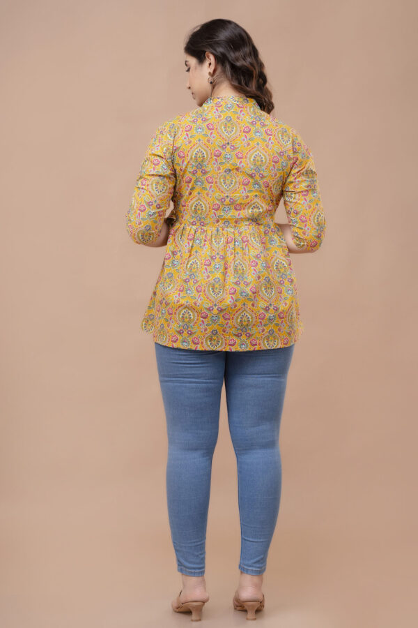 Ausuda Women Pure Cotton Mustard Yellow Floral Printed Peplum Top | Casual Ethnic Cotton Top for Women