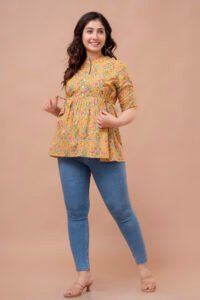 Ausuda Women Pure Cotton Mustard Yellow Floral Printed Peplum Top | Casual Ethnic Cotton Top for Women