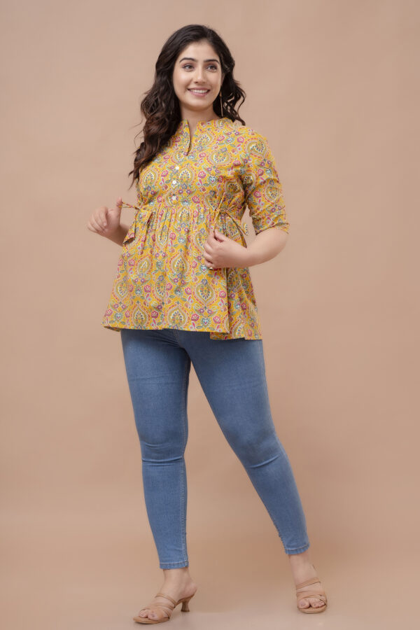 Ausuda Women Pure Cotton Mustard Yellow Floral Printed Peplum Top | Casual Ethnic Cotton Top for Women
