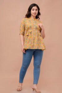 Ausuda Women Pure Cotton Mustard Yellow Floral Printed Peplum Top | Casual Ethnic Cotton Top for Women