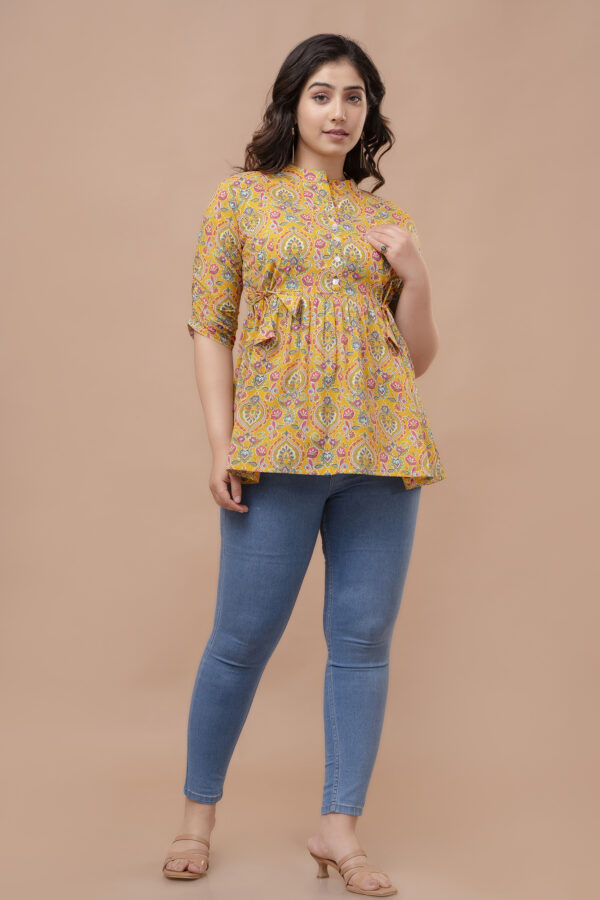 Ausuda Women Pure Cotton Mustard Yellow Floral Printed Peplum Top | Casual Ethnic Cotton Top for Women