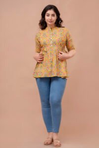 Ausuda Women Pure Cotton Mustard Yellow Floral Printed Peplum Top | Casual Ethnic Cotton Top for Women