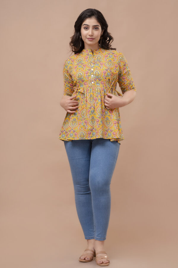 Ausuda Women Pure Cotton Mustard Yellow Floral Printed Peplum Top | Casual Ethnic Cotton Top for Women