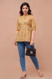 Ausuda Women Pure Cotton Mustard Yellow Floral Printed Peplum Top | Casual Ethnic Cotton Top for Women