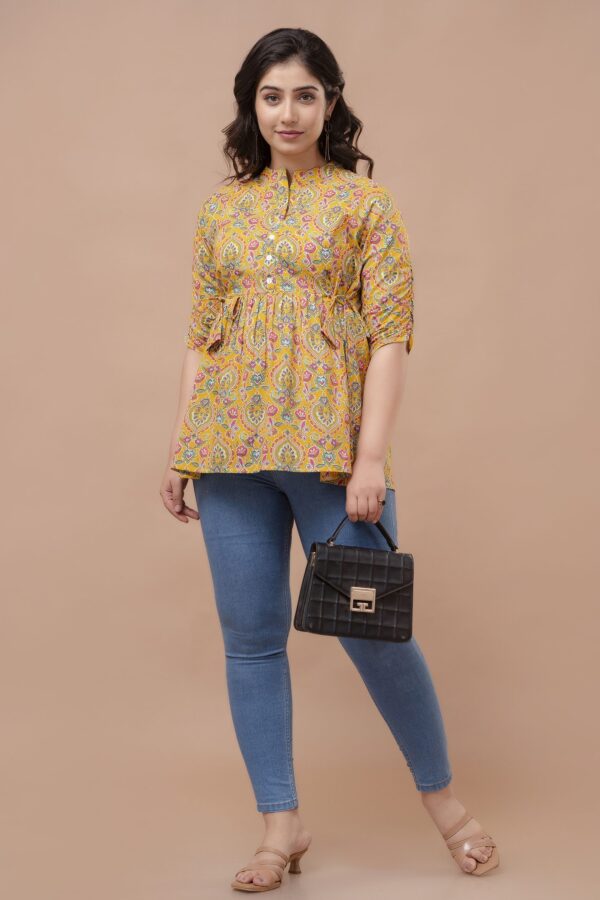 Ausuda Women Pure Cotton Mustard Yellow Floral Printed Peplum Top | Casual Ethnic Cotton Top for Women