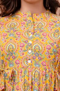 Ausuda Women Pure Cotton Mustard Yellow Floral Printed Peplum Top | Casual Ethnic Cotton Top for Women