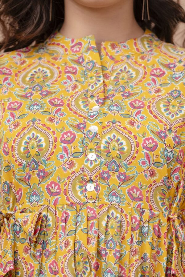 Ausuda Women Pure Cotton Mustard Yellow Floral Printed Peplum Top | Casual Ethnic Cotton Top for Women