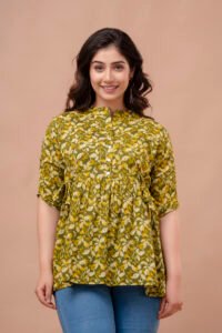 ASD_Top-2006-A Ausuda Women Pure Cotton Olive Green Floral Printed Peplum Top | Casual Ethnic Cotton Tunic for Women