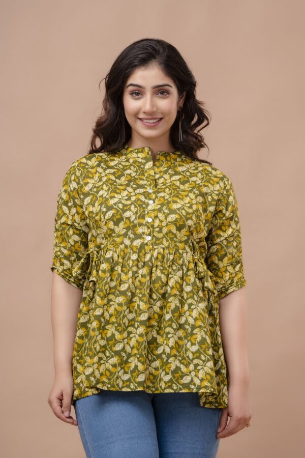 ASD_Top-2006-A Ausuda Women Pure Cotton Olive Green Floral Printed Peplum Top | Casual Ethnic Cotton Tunic for Women