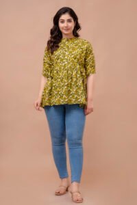 ASD_Top-2006-B Ausuda Women Pure Cotton Olive Green Floral Printed Peplum Top | Casual Ethnic Cotton Tunic for Women