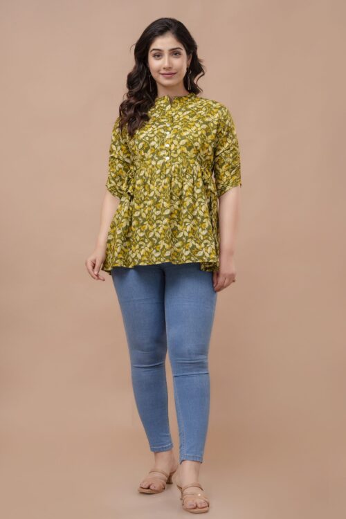 Ausuda Women Pure Cotton Olive Green Floral Printed Peplum Top | Casual Ethnic Cotton Tunic for Women