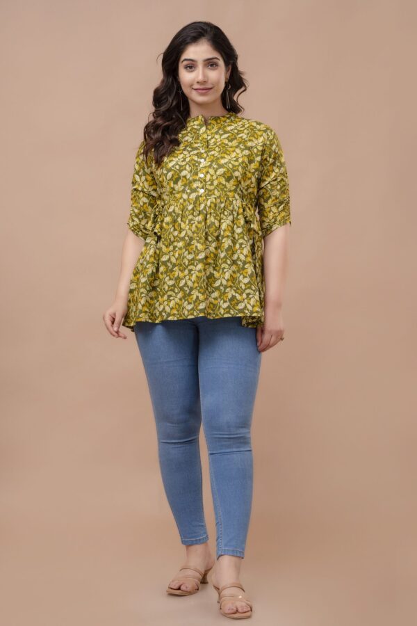 ASD_Top-2006-B Ausuda Women Pure Cotton Olive Green Floral Printed Peplum Top | Casual Ethnic Cotton Tunic for Women