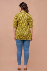 ASD_Top-2006-C Ausuda Women Pure Cotton Olive Green Floral Printed Peplum Top | Casual Ethnic Cotton Tunic for Women