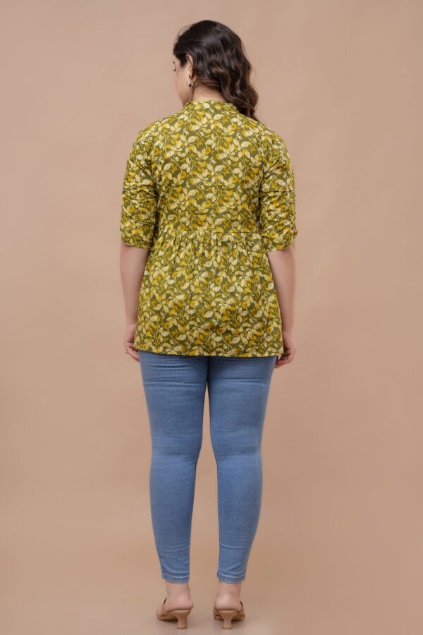 ASD_Top-2006-C Ausuda Women Pure Cotton Olive Green Floral Printed Peplum Top | Casual Ethnic Cotton Tunic for Women