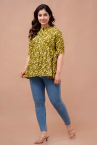 ASD_Top-2006-D Ausuda Women Pure Cotton Olive Green Floral Printed Peplum Top | Casual Ethnic Cotton Tunic for Women