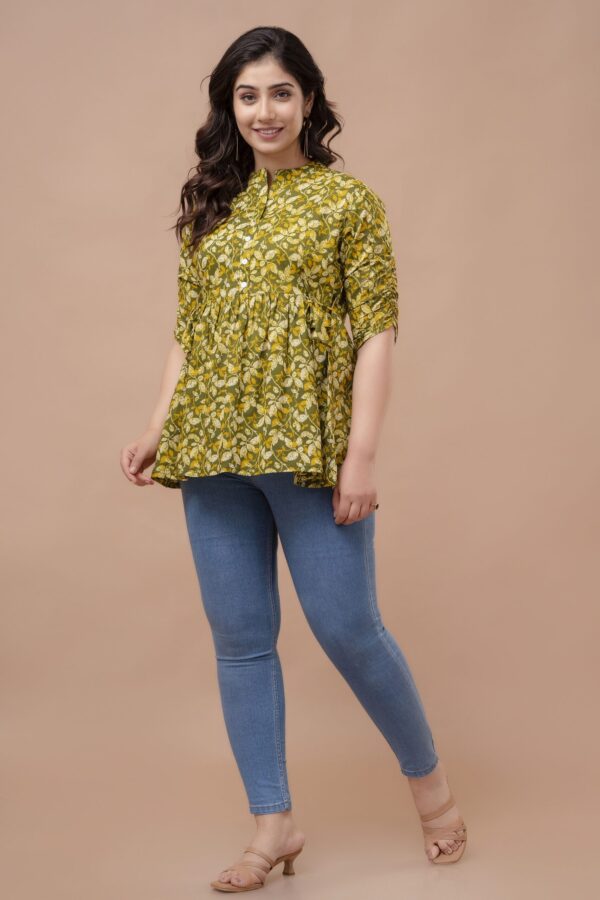 ASD_Top-2006-D Ausuda Women Pure Cotton Olive Green Floral Printed Peplum Top | Casual Ethnic Cotton Tunic for Women