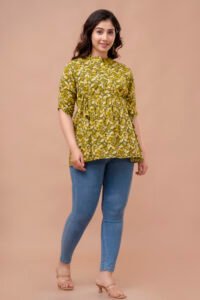 ASD_Top-2006-E Ausuda Women Pure Cotton Olive Green Floral Printed Peplum Top | Casual Ethnic Cotton Tunic for Women