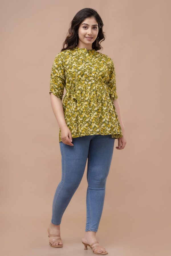 ASD_Top-2006-E Ausuda Women Pure Cotton Olive Green Floral Printed Peplum Top | Casual Ethnic Cotton Tunic for Women