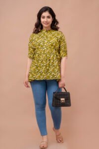 ASD_Top-2006-H Ausuda Women Pure Cotton Olive Green Floral Printed Peplum Top | Casual Ethnic Cotton Tunic for Women