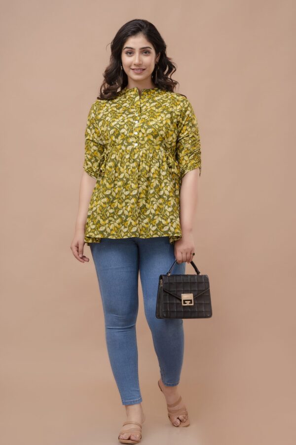 ASD_Top-2006-H Ausuda Women Pure Cotton Olive Green Floral Printed Peplum Top | Casual Ethnic Cotton Tunic for Women