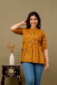 Ausuda Women Pure Cotton Mustard Floral Printed Peplum Top | Casual Ethnic Cotton Tunic for Women
