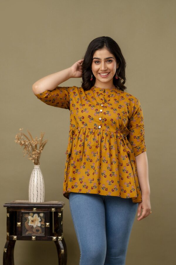 ASD_Top-2011-A Ausuda Women Pure Cotton Mustard Floral Printed Peplum Top | Casual Ethnic Cotton Tunic for Women