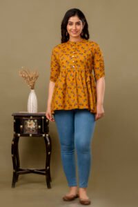 Ausuda Women Pure Cotton Mustard Floral Printed Peplum Top | Casual Ethnic Cotton Tunic for Women