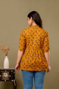 Ausuda Women Pure Cotton Mustard Floral Printed Peplum Top | Casual Ethnic Cotton Tunic for Women