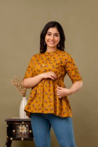 Ausuda Women Pure Cotton Mustard Floral Printed Peplum Top | Casual Ethnic Cotton Tunic for Women