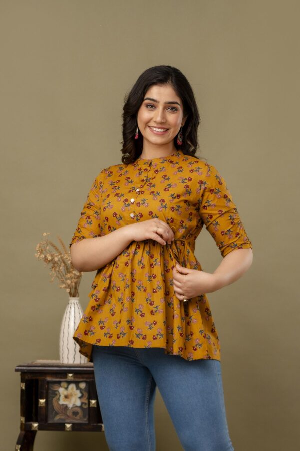 ASD_Top-2011-D Ausuda Women Pure Cotton Mustard Floral Printed Peplum Top | Casual Ethnic Cotton Tunic for Women