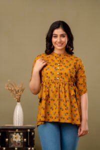 Ausuda Women Pure Cotton Mustard Floral Printed Peplum Top | Casual Ethnic Cotton Tunic for Women