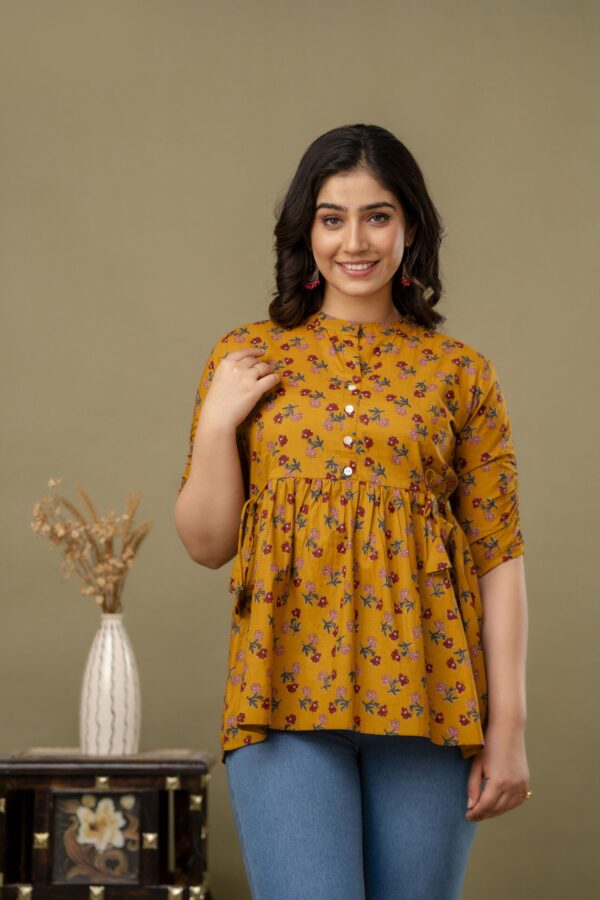 ASD_Top-2011-H Ausuda Women Pure Cotton Mustard Floral Printed Peplum Top | Casual Ethnic Cotton Tunic for Women