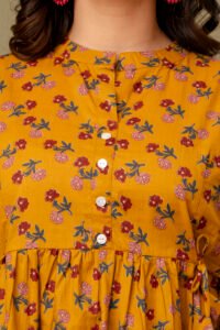 Ausuda Women Pure Cotton Mustard Floral Printed Peplum Top | Casual Ethnic Cotton Tunic for Women