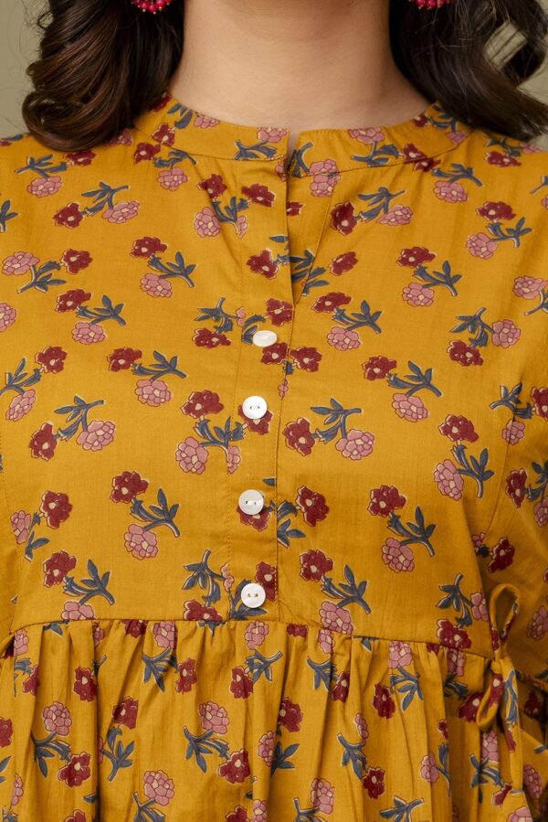 ASD_Top-2011-I Ausuda Women Pure Cotton Mustard Floral Printed Peplum Top | Casual Ethnic Cotton Tunic for Women