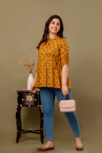 Ausuda Women Pure Cotton Mustard Floral Printed Peplum Top | Casual Ethnic Cotton Tunic for Women