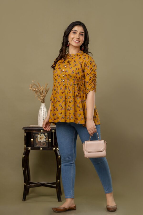 ASD_Top-2011-K Ausuda Women Pure Cotton Mustard Floral Printed Peplum Top | Casual Ethnic Cotton Tunic for Women