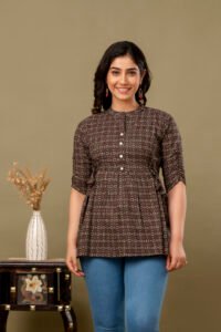 Ausuda Women Pure Cotton Black Geometric Printed Peplum Top | Casual Ethnic Cotton Tunic for Women