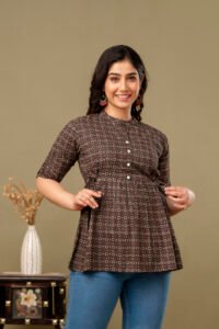 Ausuda Women Pure Cotton Black Geometric Printed Peplum Top | Casual Ethnic Cotton Tunic for Women